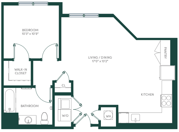 Floor plan for 1 bed, 1 bath, 769 sqft